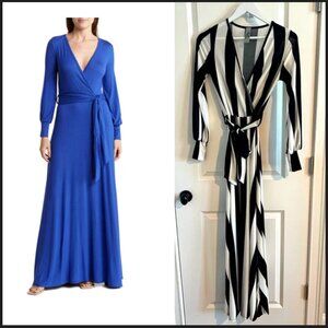 Go Couture – Long Sleeve Front-Tie Maxi Dress Black White Stripe S